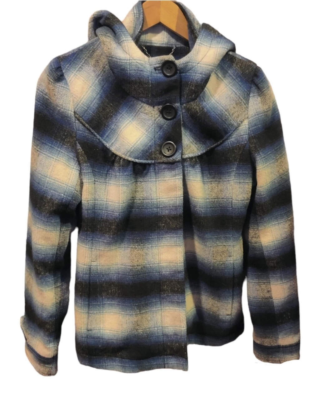 Mavi Hooded Plaid Zip Up Jacket, Small Wool Coat, Lined Blue & Cream Mini Flaws